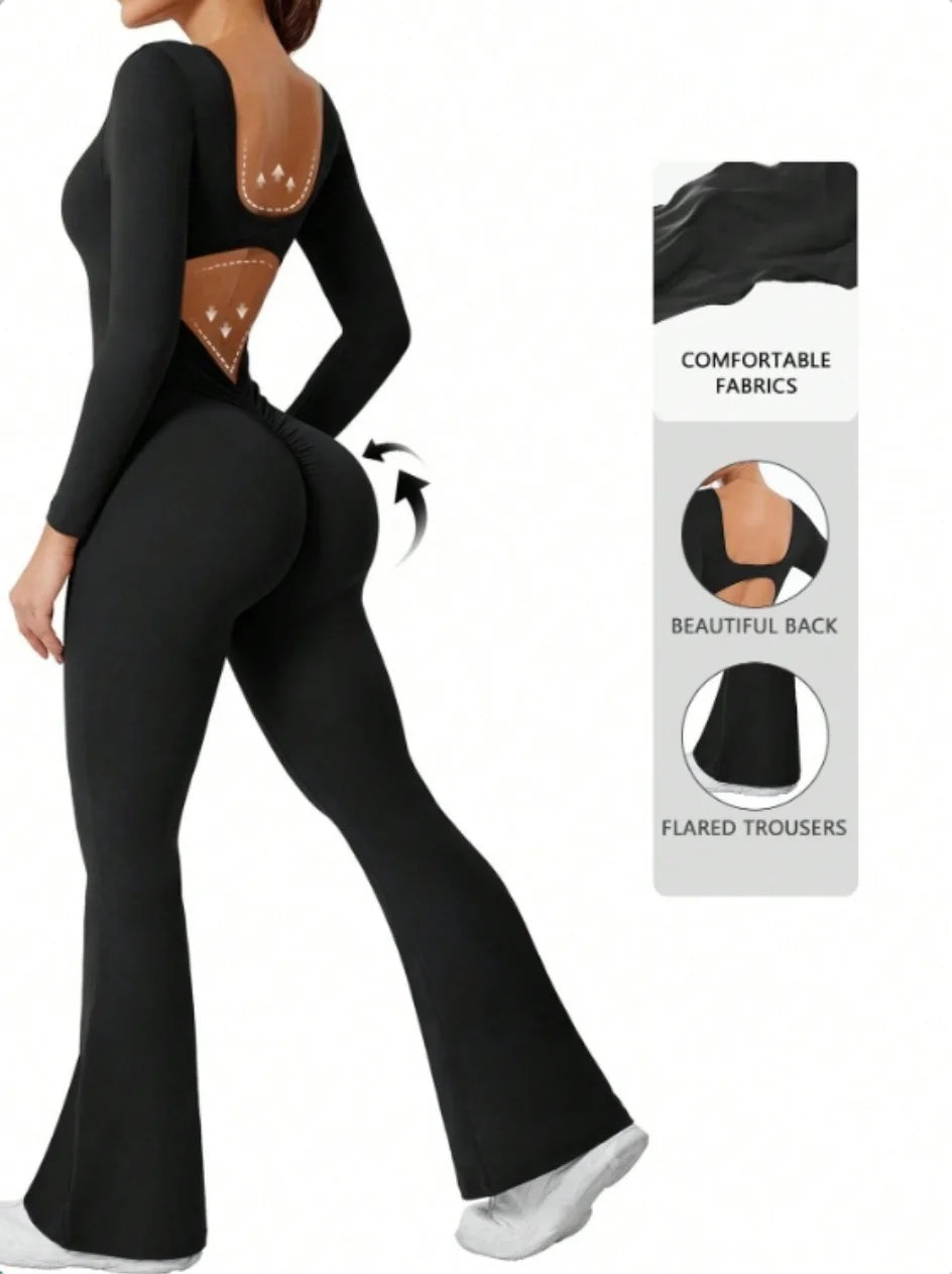 ALMASTRONG women's long sleeve compression jumpsuit with bell bottom pants, ideal for yoga and exercise, featuring a sleek, solid color design.