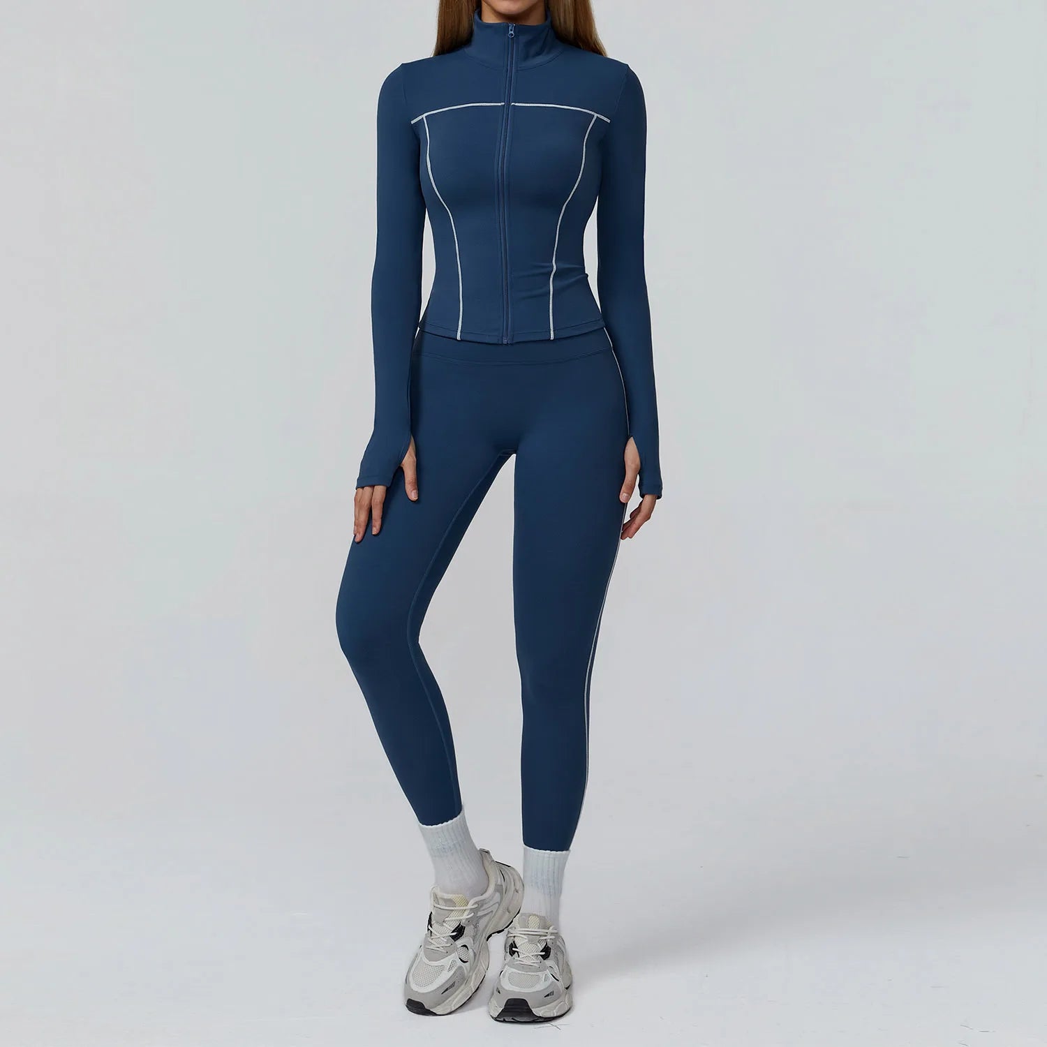 Almastrong women's yoga set with long-sleeved top, leggings, and sports bra, ideal for fitness and gym workouts.