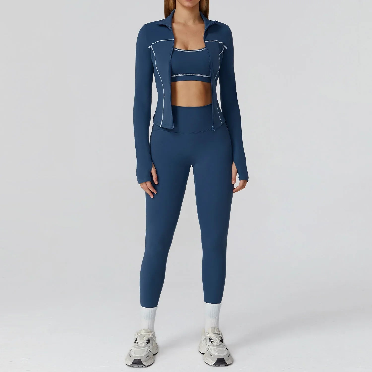 ALMASTRONG women's yoga set with long sleeve top, leggings, and sports bra for fitness and workout activities.
