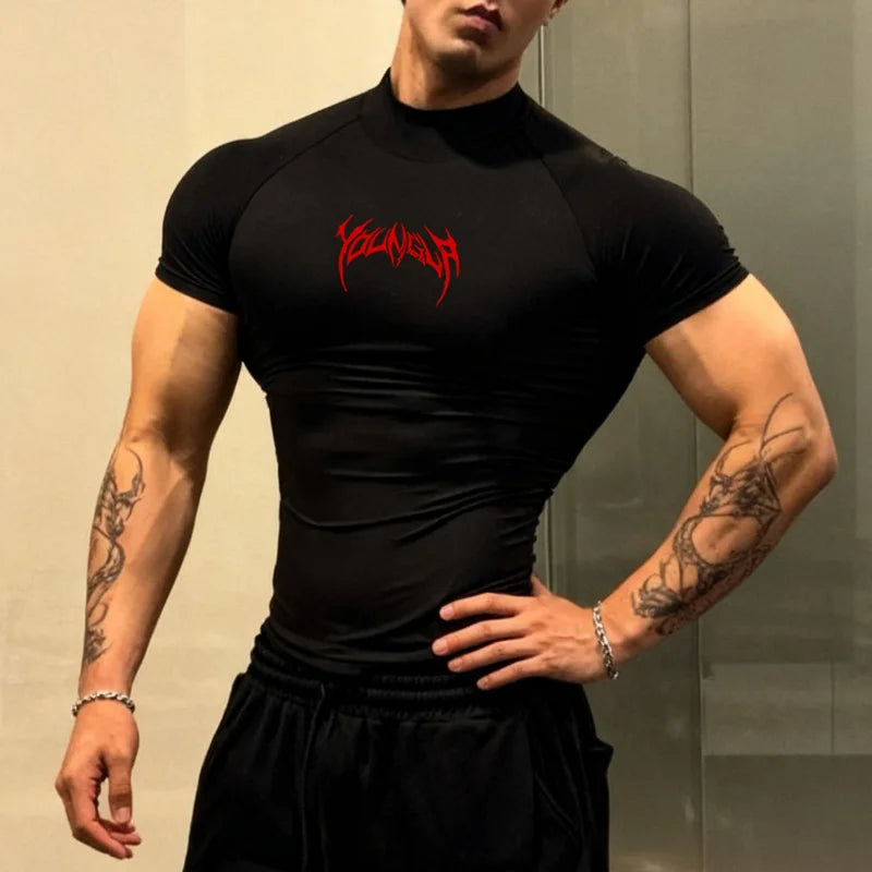 ALMASTRONG Men’s Gothic Compression T-Shirt – High-Neck Quick-Dry Training