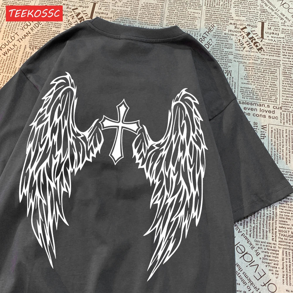 ALMASTRONG Women’s Casual Cotton T-Shirt – Funny Wings Print Oversized Tee