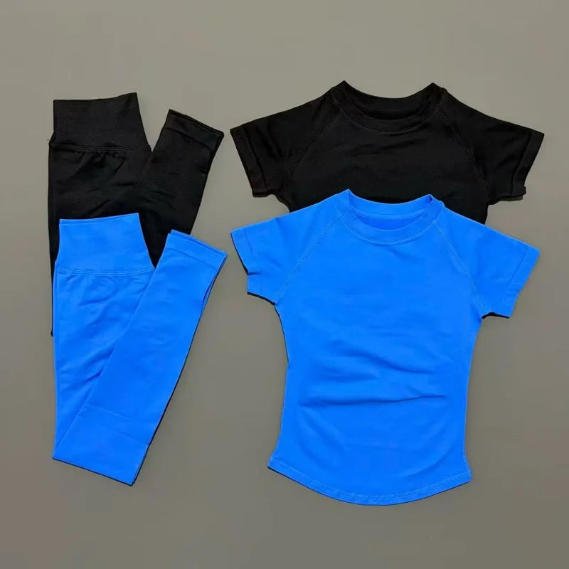 ALMASTRONG impact sports set with short sleeve seamless yoga top and fitness leggings for women’s workout and running.