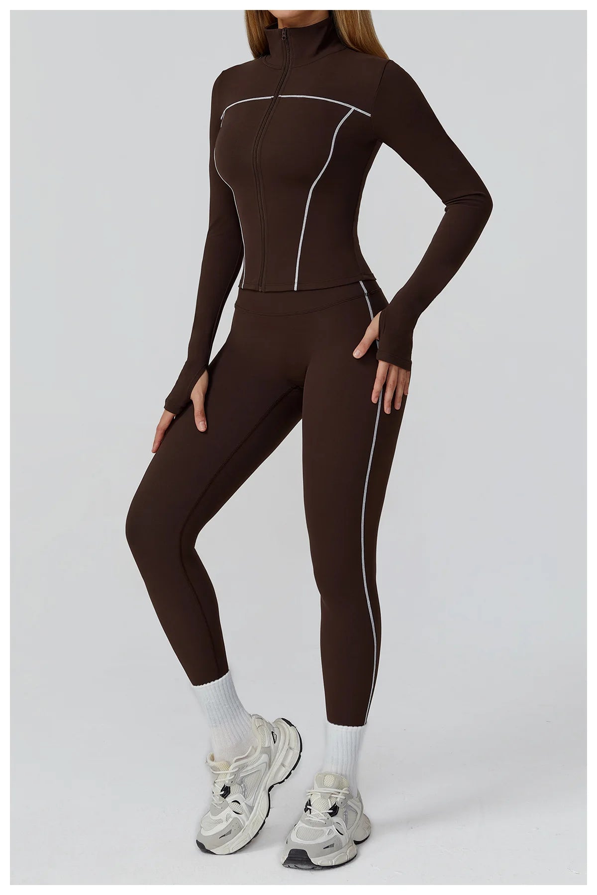 ALMASTRONG women's yoga set with long-sleeve top, leggings, and sports bra for fitness and gym workouts.