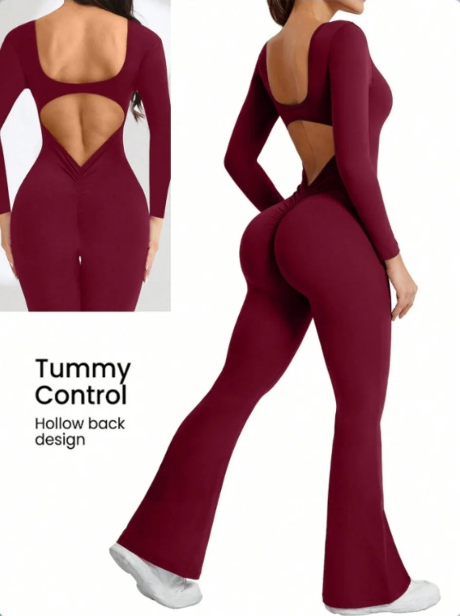 ALMASTRONG women's long-sleeve solid color compression jumpsuit with bell bottom pants, suitable for yoga and exercise.