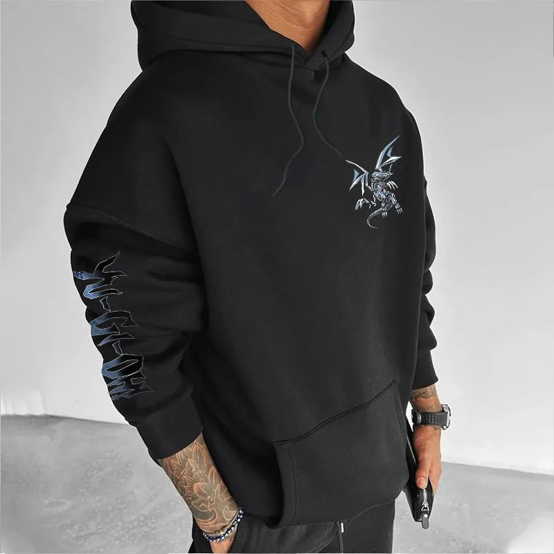 Classic Anime Yu Gi Oh Character Blue Eyed White Dragon Printed Male Autumn/Winter Thick and Wide Y2K Halloween COS Wide Hoodie - ALMASTRONG