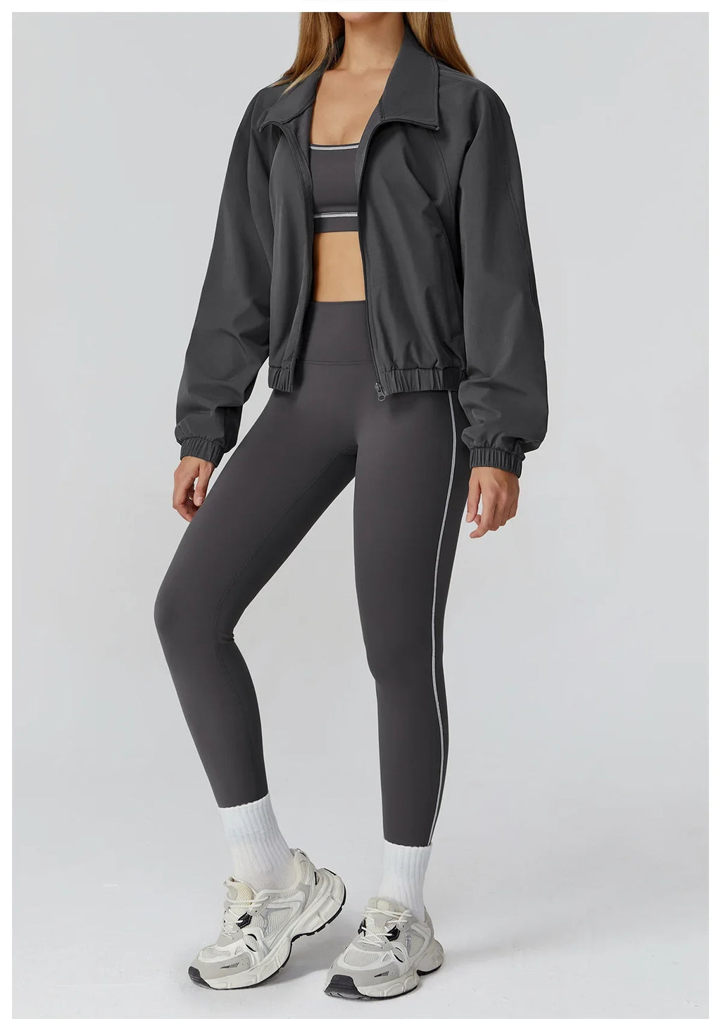 ALMASTRONG yoga set with long-sleeve top, leggings, and sports bra, designed for women’s fitness and workout activities.