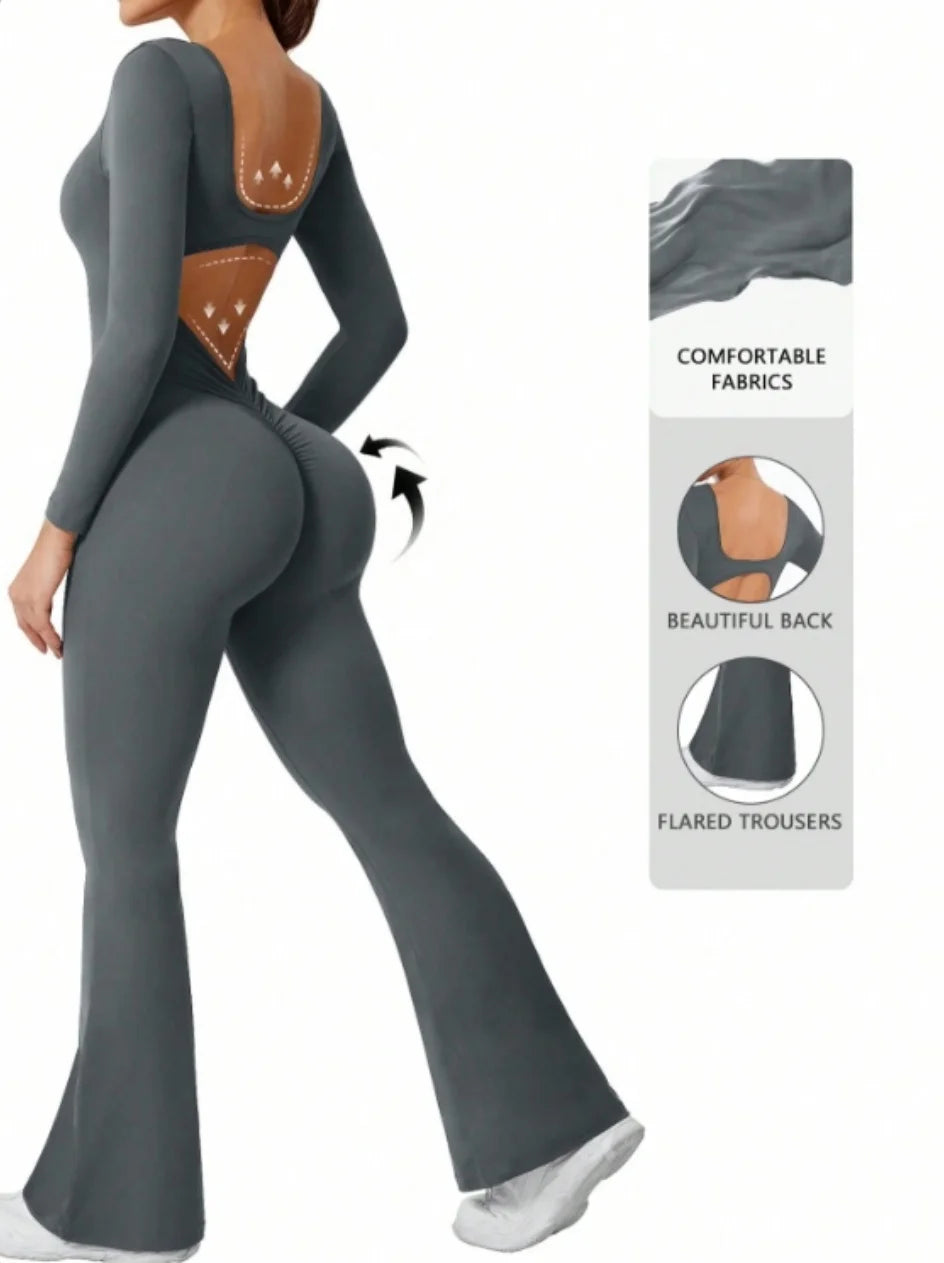 ALMASTRONG women's long sleeve compression jumpsuit with bell bottom pants, perfect for yoga and activewear, in a solid color.