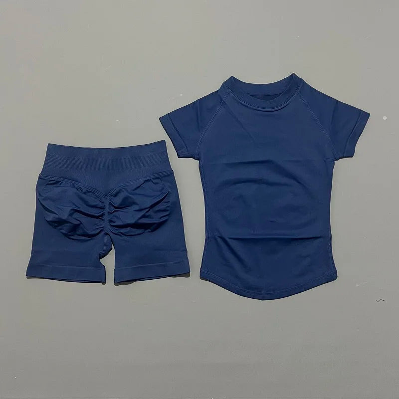 2 Pcs HISTELLO Impact Sports Sets Short Sleeve Seamless Yoga Top Fitness Set Women Workout Running Sports Shorts Gym Suit - ALMASTRONG