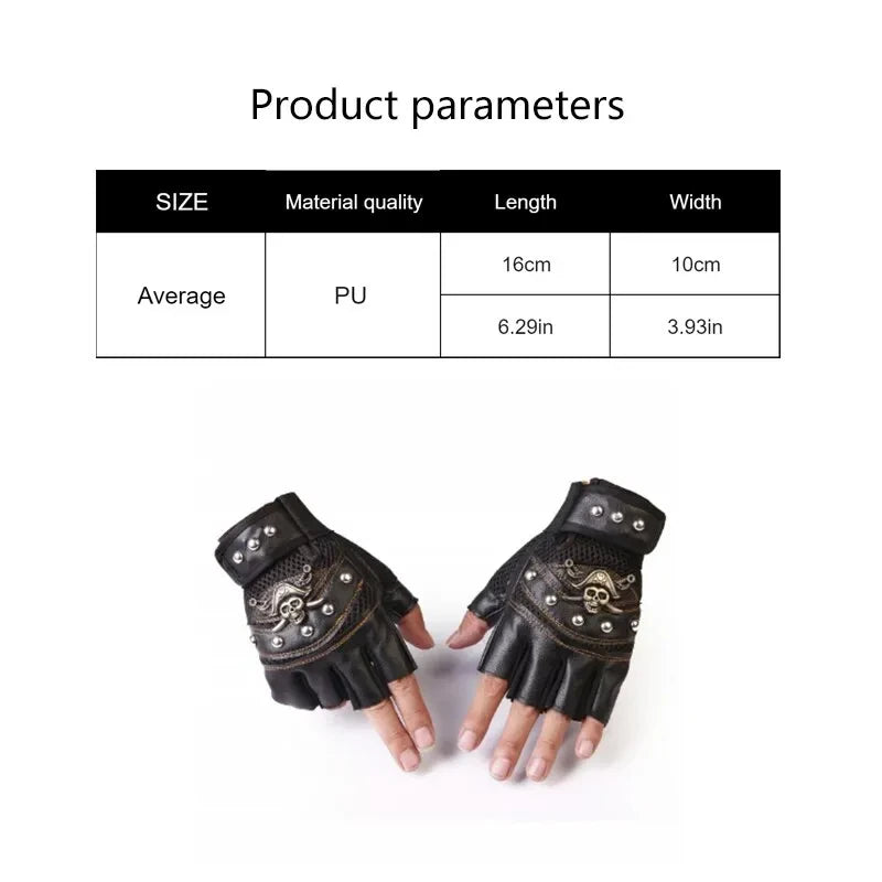 Pirate Captain PU Leather Fingerless Gloves Men Women Skulls Rivet