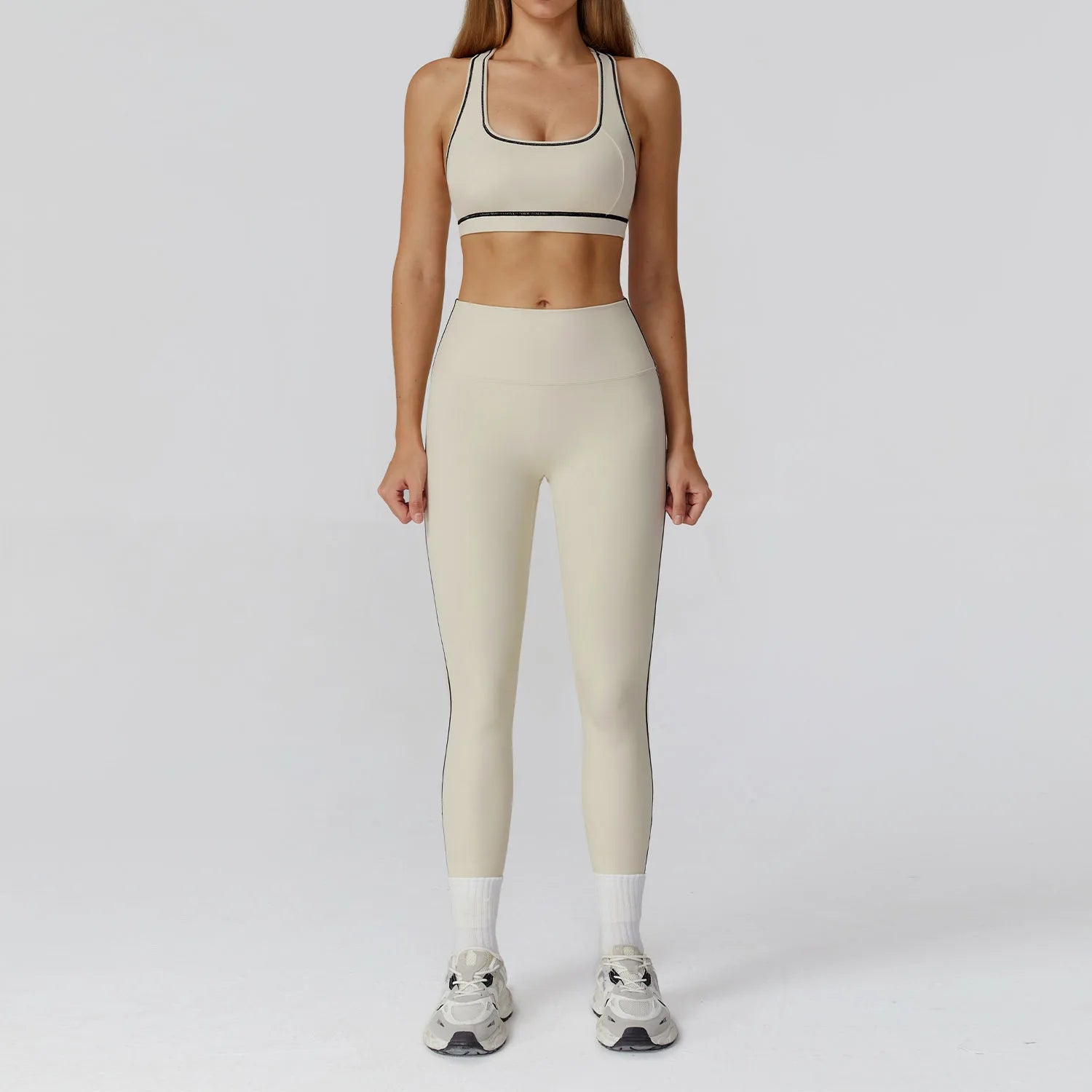 ALMASTRONG women's yoga set with long sleeves, sports bra, and leggings for fitness and workout activities.