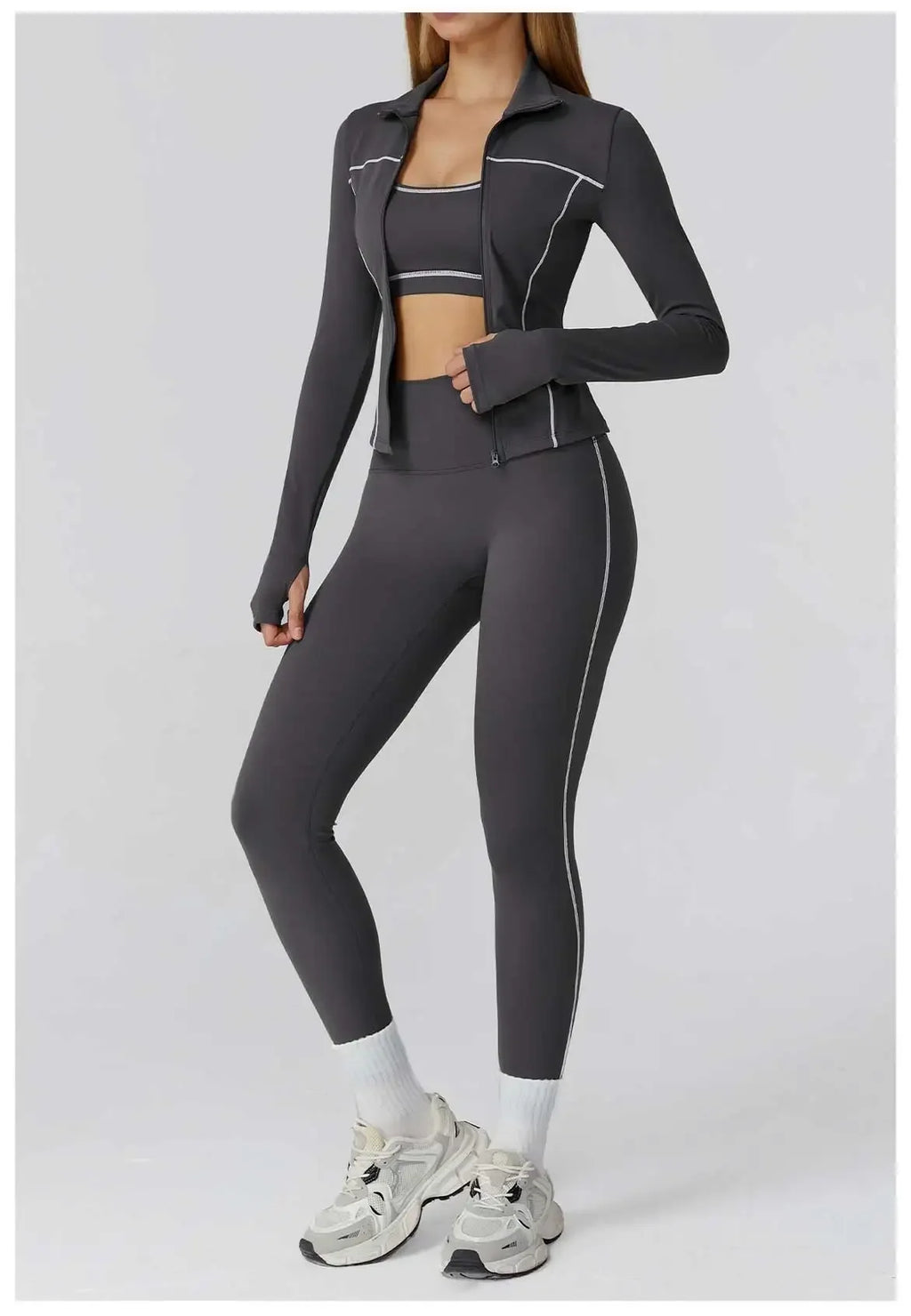 ALMASTRONG women's yoga set with long-sleeve top, leggings, and sports bra, ideal for fitness, gym, and workout activities.