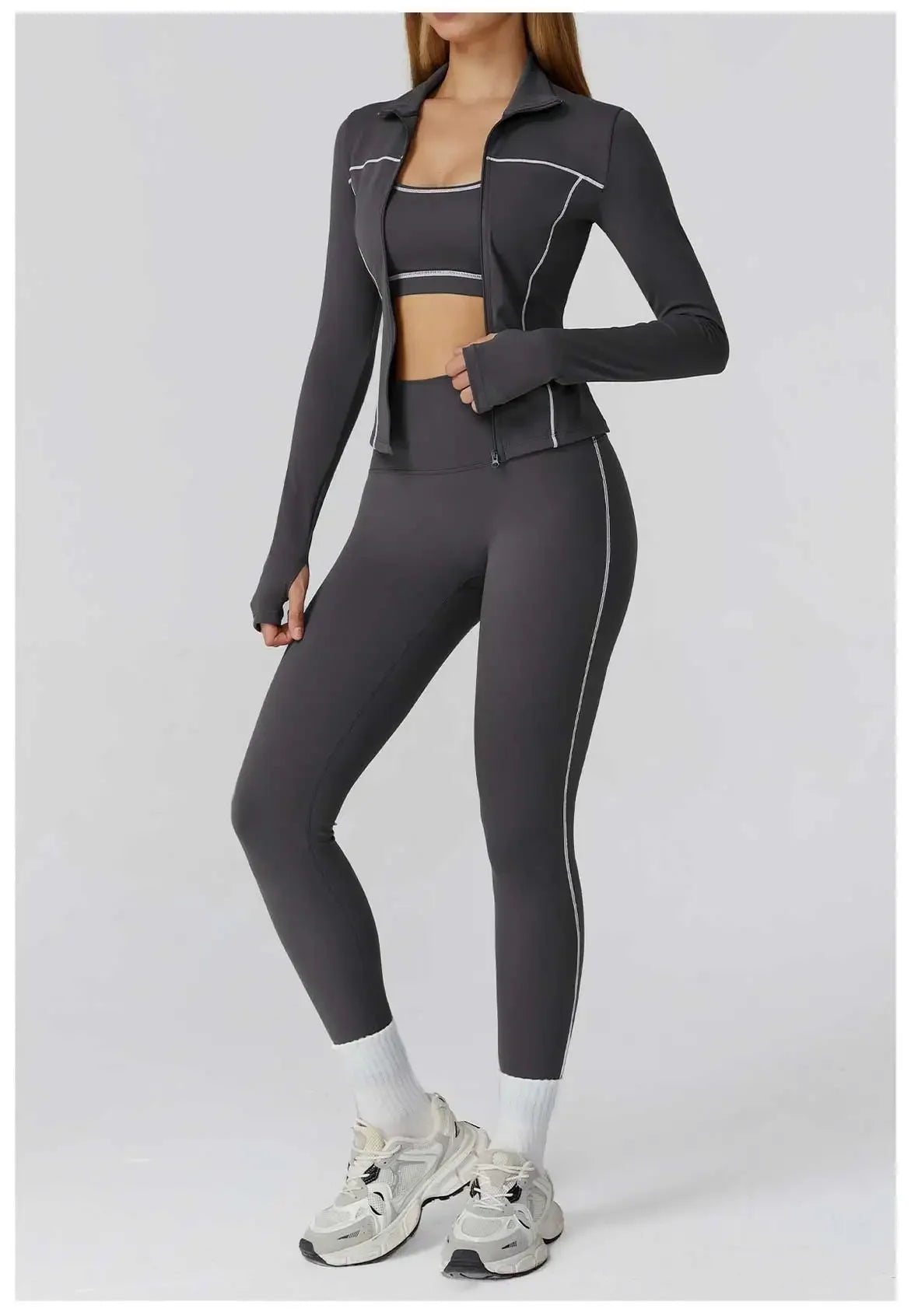 ALMASTRONG women's yoga set with long-sleeve top, leggings, and sports bra, ideal for fitness, gym, and workout activities.