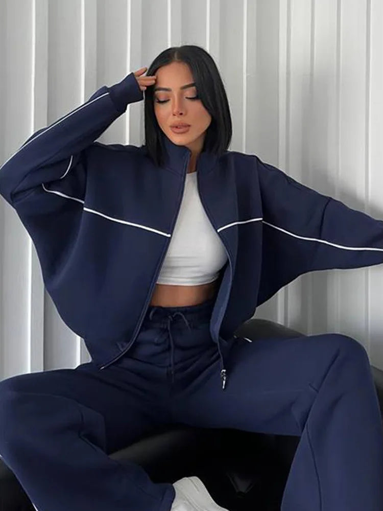 womens clothing 2 pieces set Casual Sports Suits Long Sleeved Half High Collar Cardigan Sweater Trouser Tracksuit Women Clothing - ALMASTRONG
