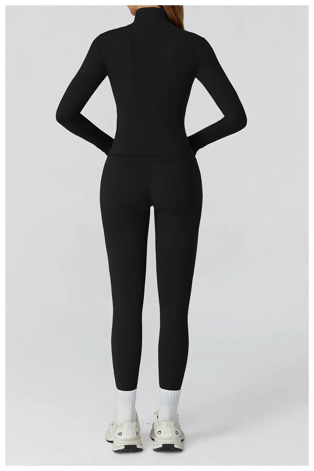 ALMASTRONG women's yoga set with long-sleeved top, leggings, and sports bra, ideal for fitness and gym workouts.