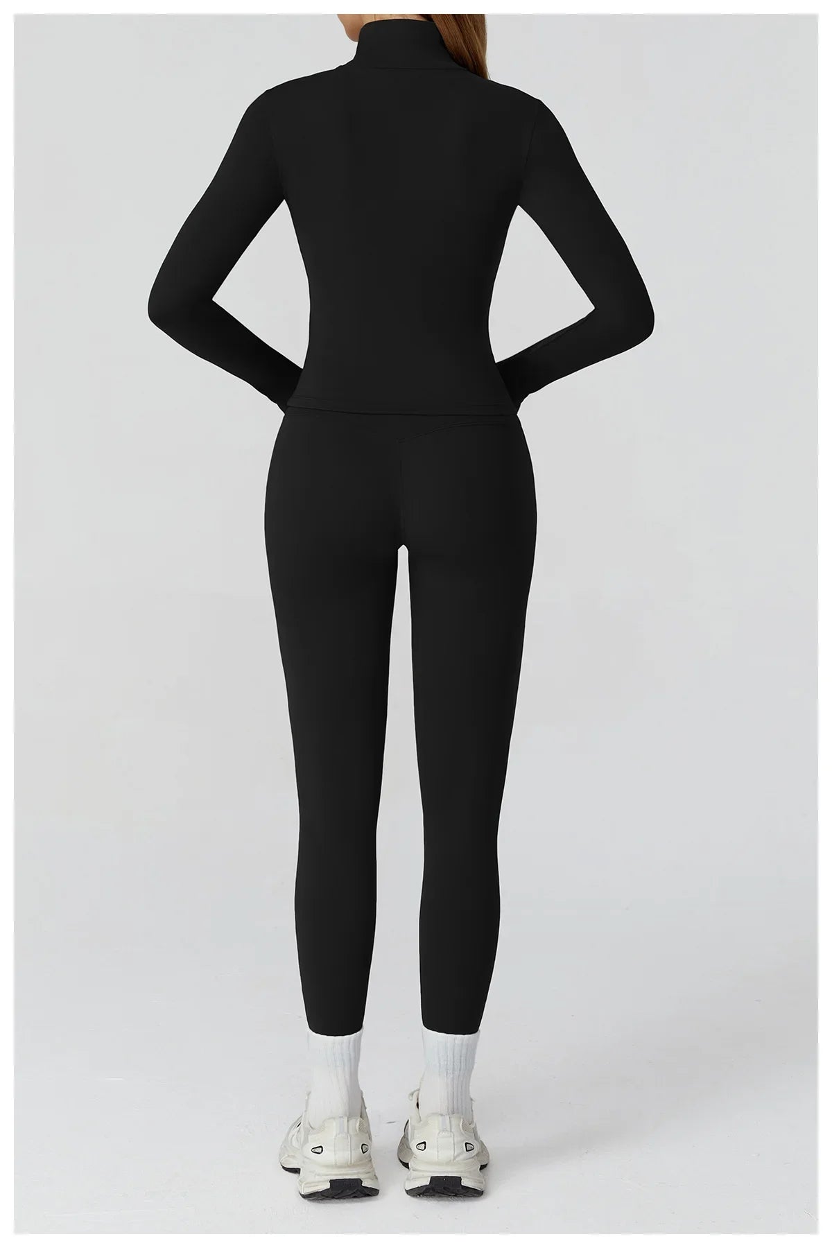 ALMASTRONG women's yoga set with long-sleeved top, leggings, and sports bra, ideal for fitness and gym workouts.