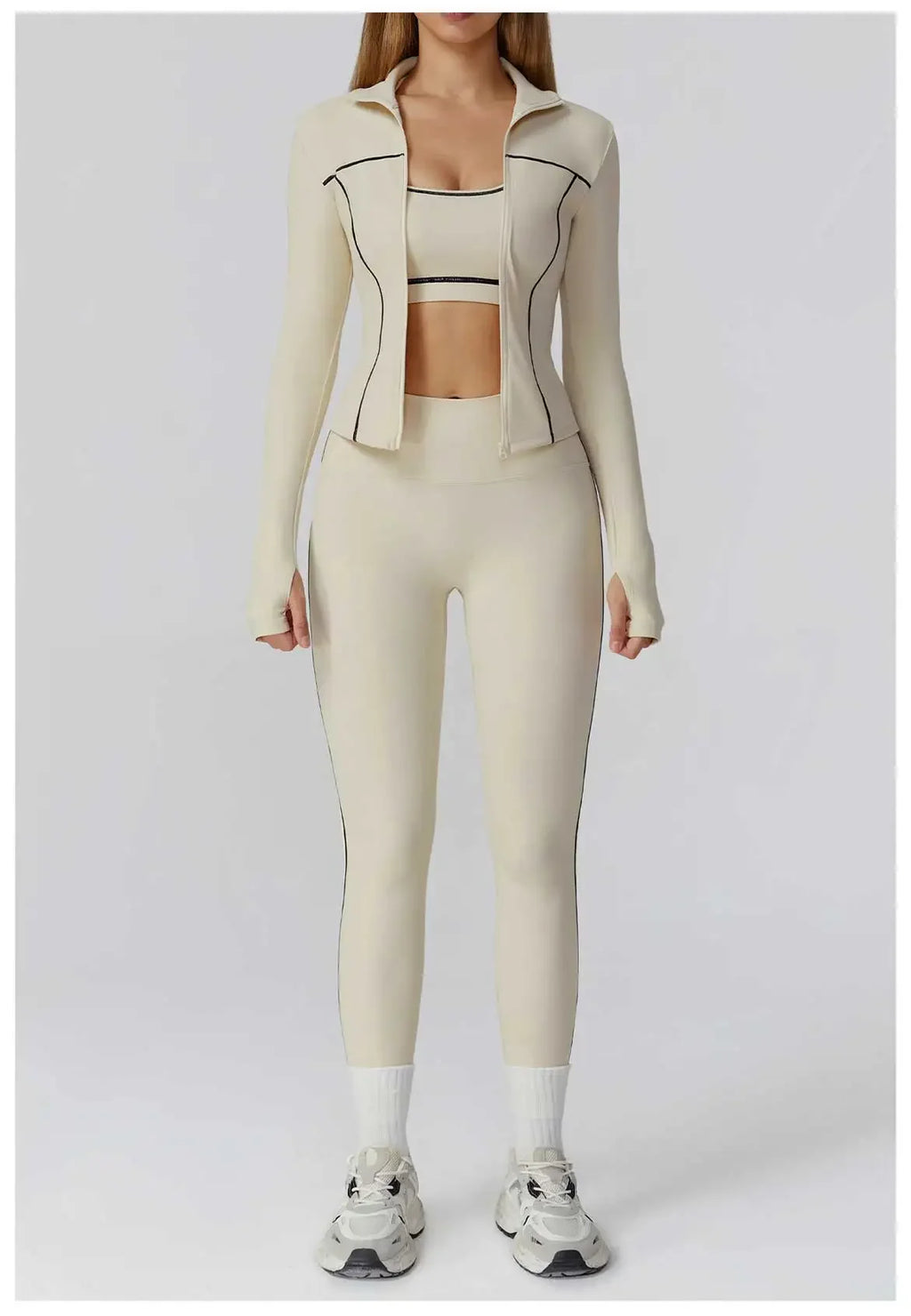 ALMASTRONG women's yoga set with long sleeve top, gym leggings, and sports bra, perfect for fitness and workout activities.