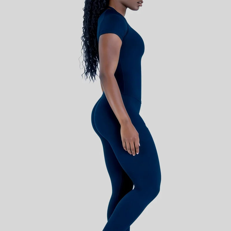 ALMASTRONG impact sports set with short sleeve seamless yoga top and matching fitness leggings for women’s workout and running.