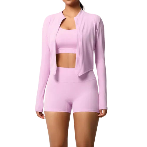 ALMASTRONG 3-Piece Nude-Feel Yoga Set – Women’s Gym Tracksuit Push-Up Outfit - ALMASTRONG