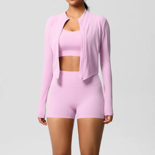 ALMASTRONG 3-Piece Nude-Feel Yoga Set – Women’s Gym Tracksuit Push-Up Outfit