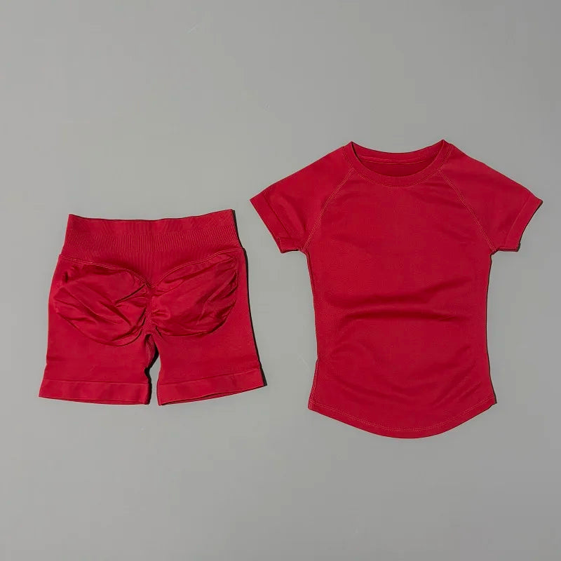 2 Pcs HISTELLO Impact Sports Sets Short Sleeve Seamless Yoga Top Fitness Set Women Workout Running Sports Shorts Gym Suit - ALMASTRONG