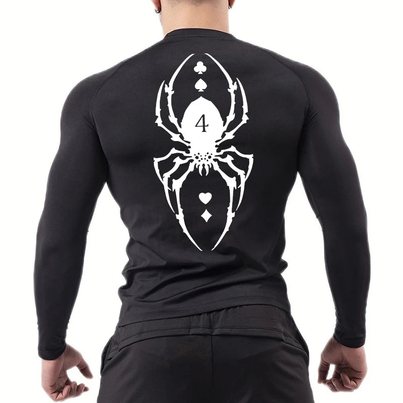 Spider Print Compression Shirt for Men Sporty Quick Dry Long Sleeve