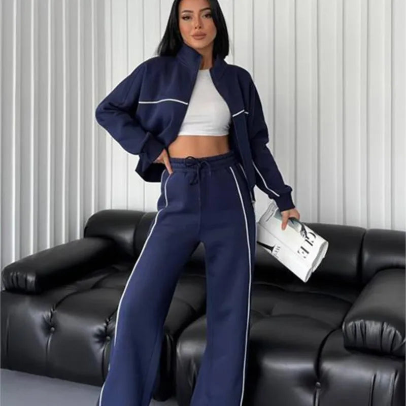 womens clothing 2 pieces set Casual Sports Suits Long Sleeved Half High Collar Cardigan Sweater Trouser Tracksuit Women Clothing - ALMASTRONG