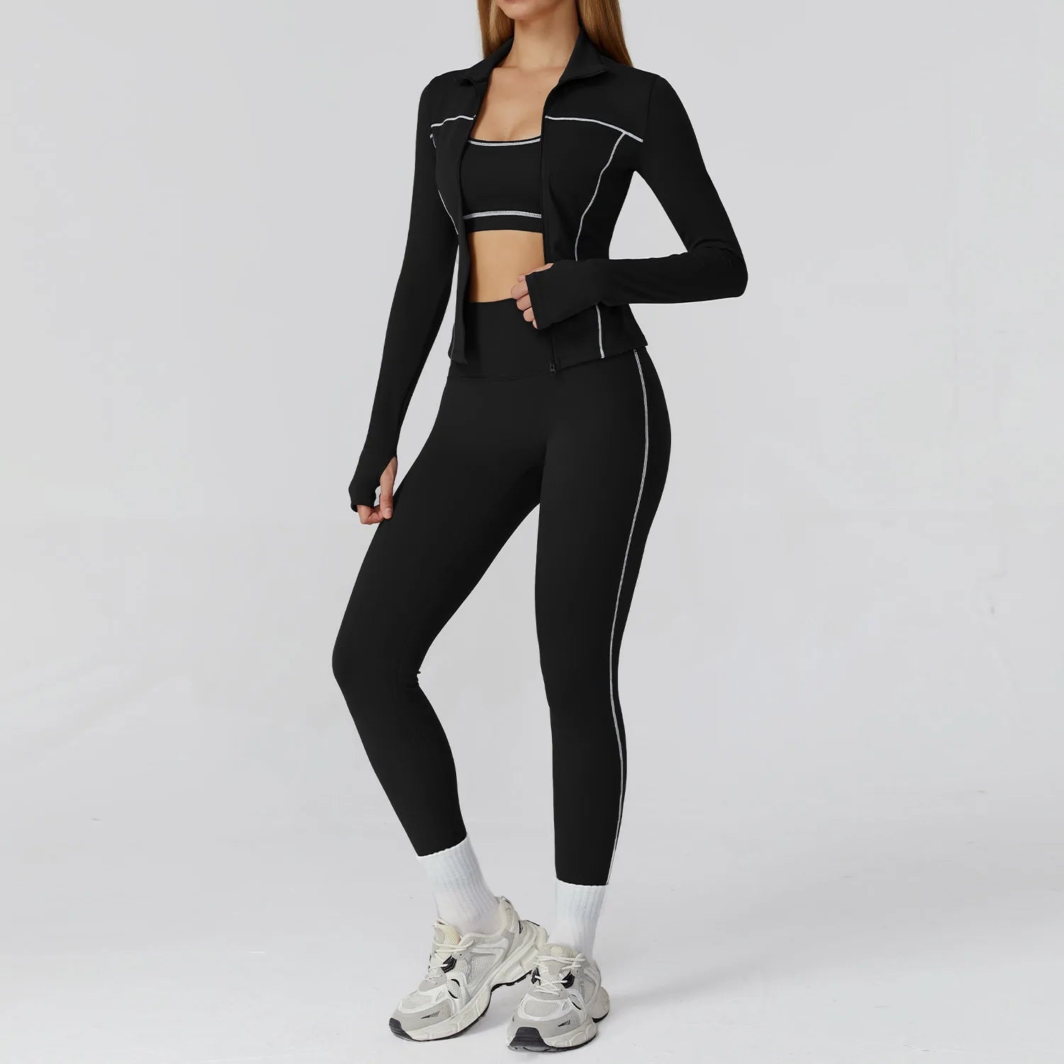 ALMASTRONG women's yoga set with long-sleeve top and leggings, fitness sportswear for gym, workout, and active wear.