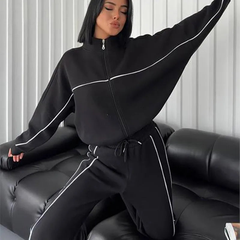 womens clothing 2 pieces set Casual Sports Suits Long Sleeved Half High Collar Cardigan Sweater Trouser Tracksuit Women Clothing - ALMASTRONG