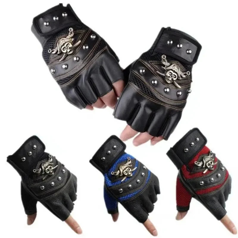 Pirate Captain PU Leather Fingerless Gloves Men Women Skulls Rivet