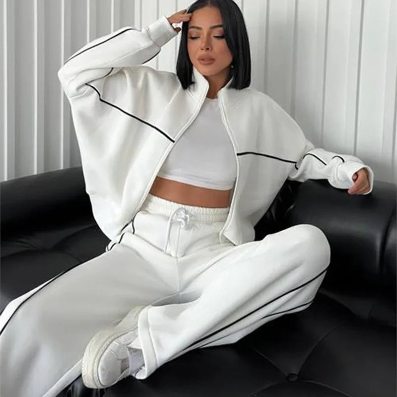 womens clothing 2 pieces set Casual Sports Suits Long Sleeved Half High Collar Cardigan Sweater Trouser Tracksuit Women Clothing - ALMASTRONG