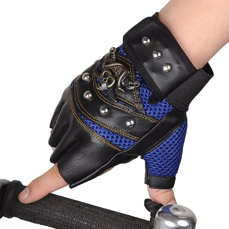 Pirate Captain PU Leather Fingerless Gloves Men Women Skulls Rivet