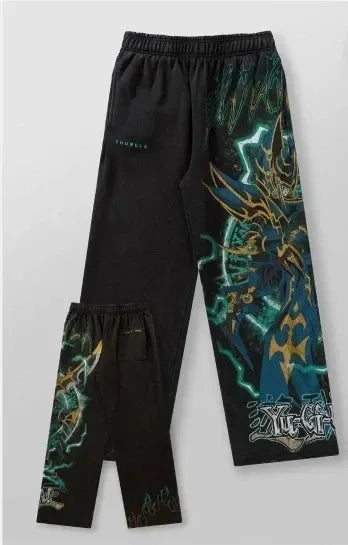 Anime Graphic Sweatpants — Oversized Loose Fit Cotton Streetwear Pants (Blue Dragon / Yugi Design) - ALMASTRONG