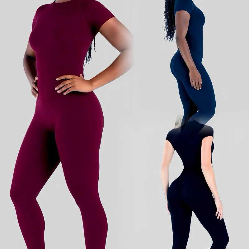ALMASTRONG women's impact sports set with short sleeve seamless yoga top and matching fitness leggings for workout and running.