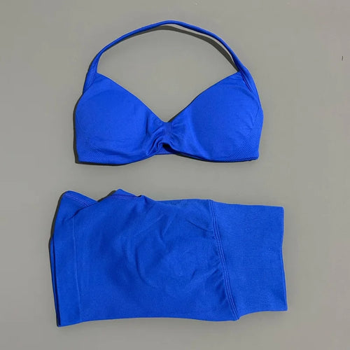 HISTELLO Gym Set 2 Piece Women Strappy Yoga Bra Top Workout Scrunch