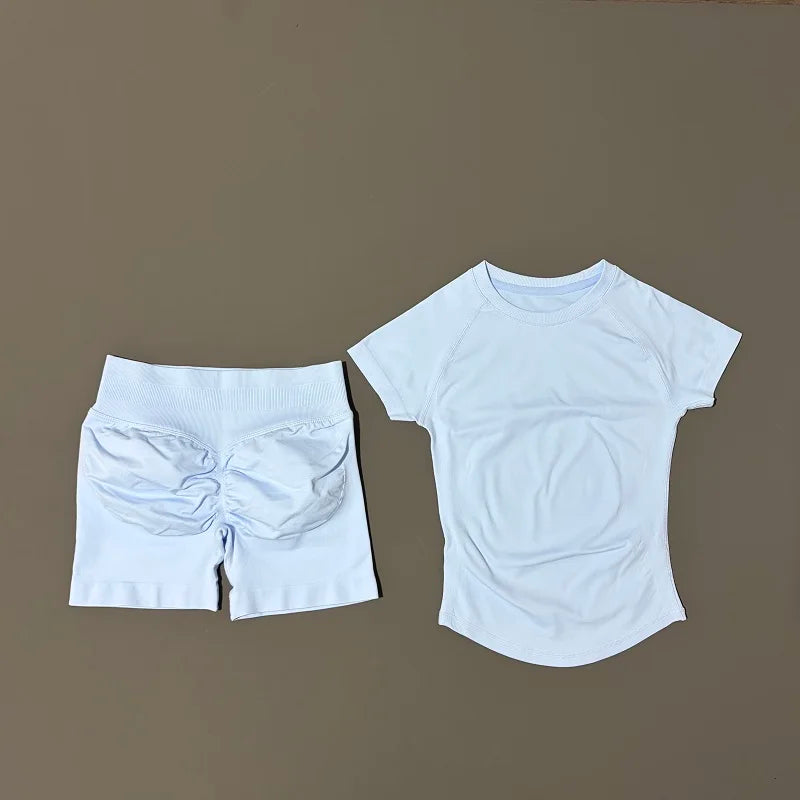 2 Pcs HISTELLO Impact Sports Sets Short Sleeve Seamless Yoga Top Fitness Set Women Workout Running Sports Shorts Gym Suit - ALMASTRONG