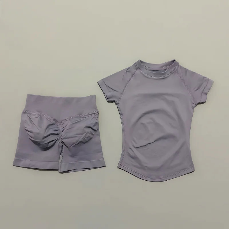 2 Pcs HISTELLO Impact Sports Sets Short Sleeve Seamless Yoga Top Fitness Set Women Workout Running Sports Shorts Gym Suit - ALMASTRONG