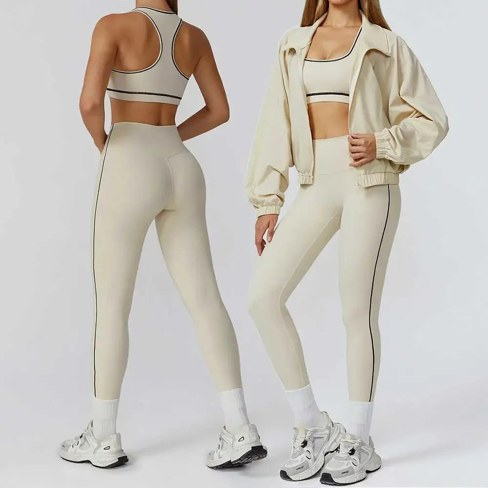 ALMASTRONG women's yoga set with long sleeve top, leggings, and sports bra, ideal for fitness and workout activities.