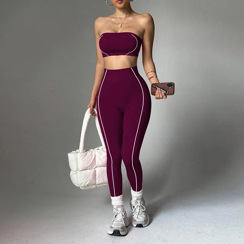 ALMASTRONG women's yoga wear set with color-blocking corset top and peach slim-fit long pants for fitness and active wear.
