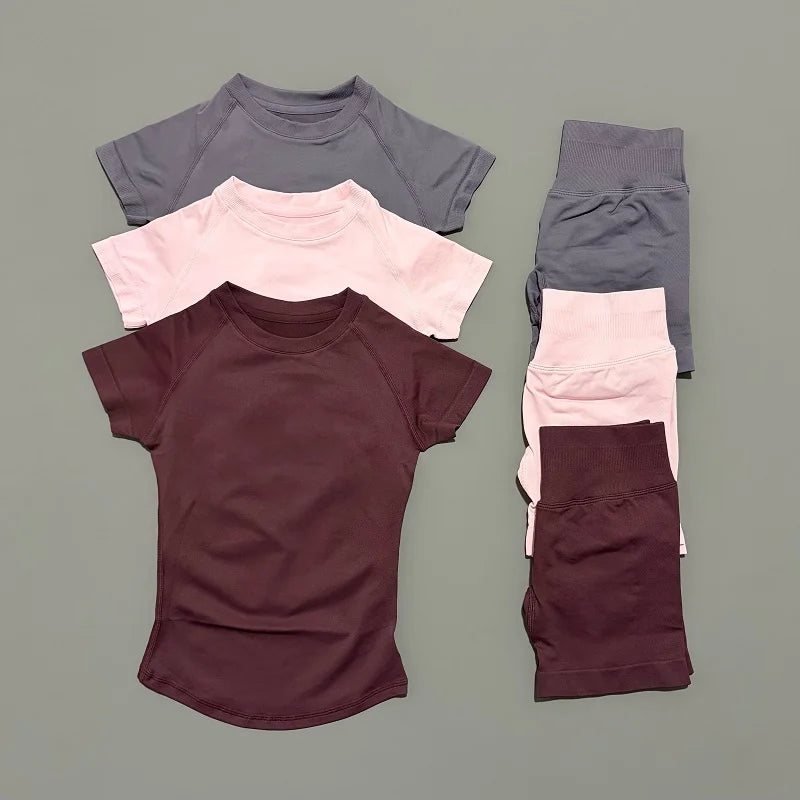 2 Pcs HISTELLO Impact Sports Sets Short Sleeve Seamless Yoga Top Fitness Set Women Workout Running Sports Shorts Gym Suit - ALMASTRONG