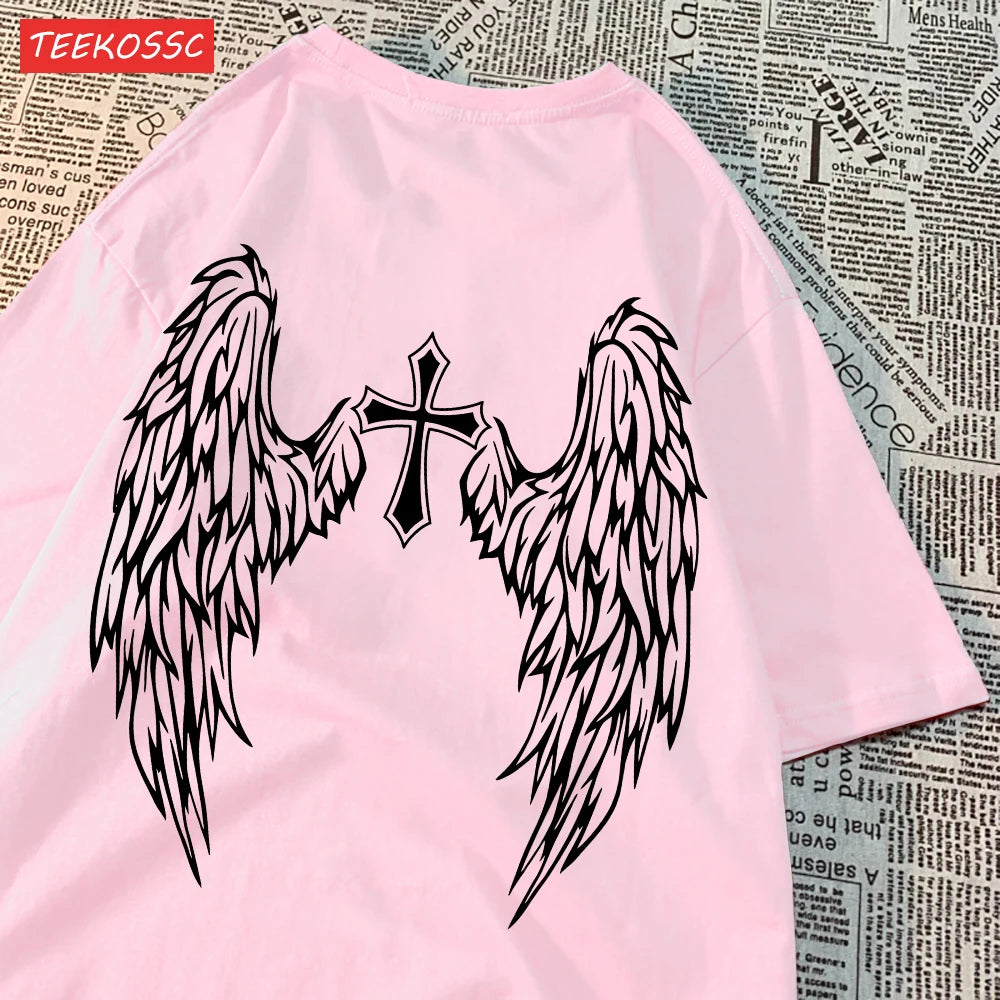 ALMASTRONG Women’s Casual Cotton T-Shirt – Funny Wings Print Oversized Tee