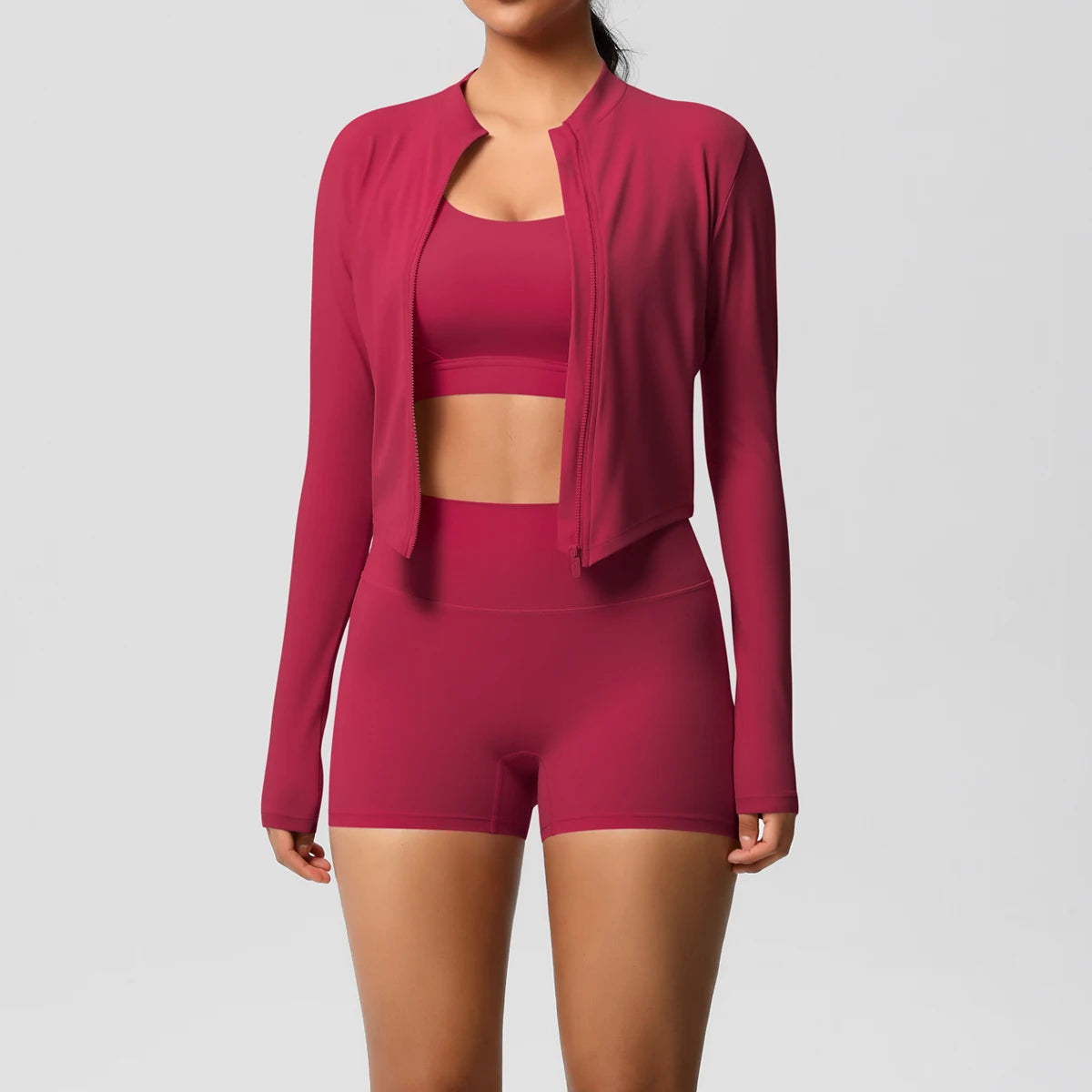 ALMASTRONG 3-Piece Nude-Feel Yoga Set – Women’s Gym Tracksuit Push-Up Outfit