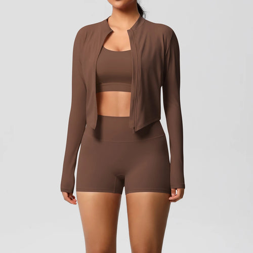 ALMASTRONG 3-Piece Nude-Feel Yoga Set – Women’s Gym Tracksuit Push-Up Outfit