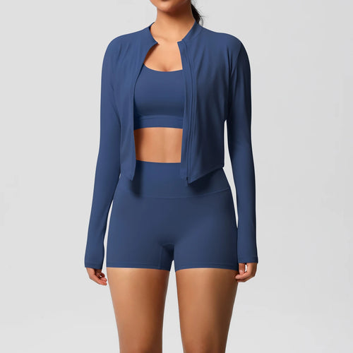 ALMASTRONG 3-Piece Nude-Feel Yoga Set – Women’s Gym Tracksuit Push-Up Outfit