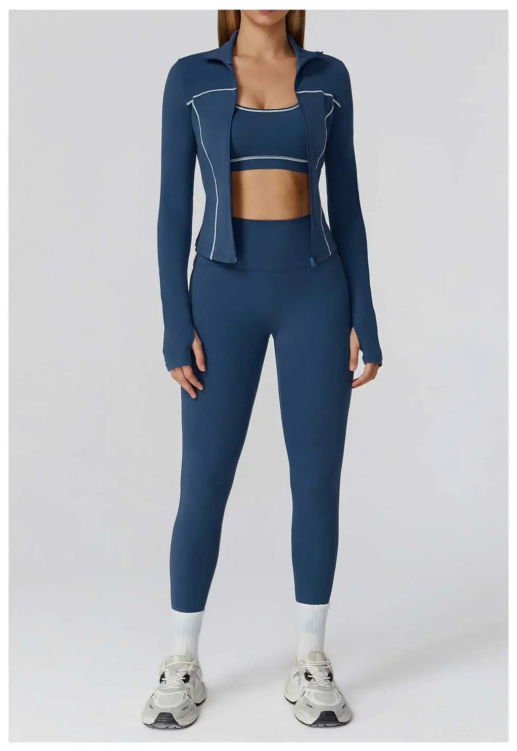 ALMASTRONG women's yoga set with long-sleeve top, leggings, and sports bra for fitness and gym workouts.