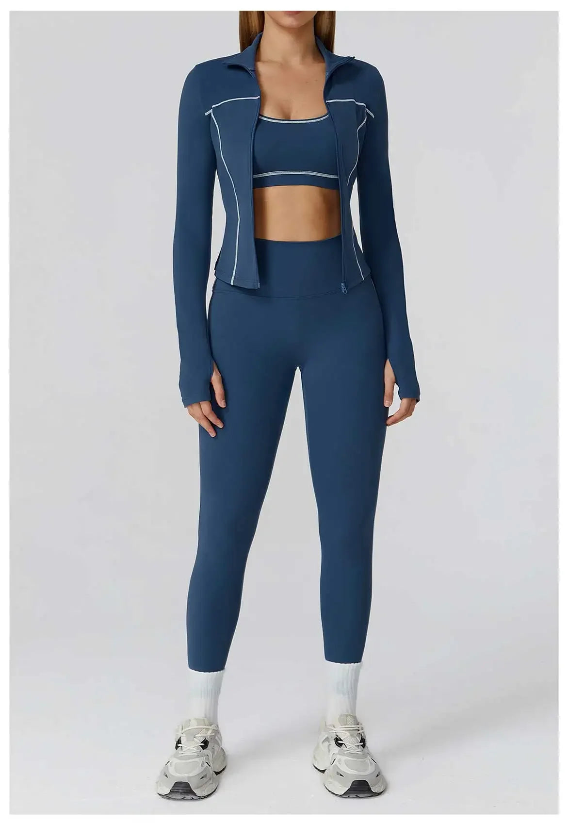 ALMASTRONG women's yoga set with long-sleeve top, leggings, and sports bra for fitness and gym workouts.