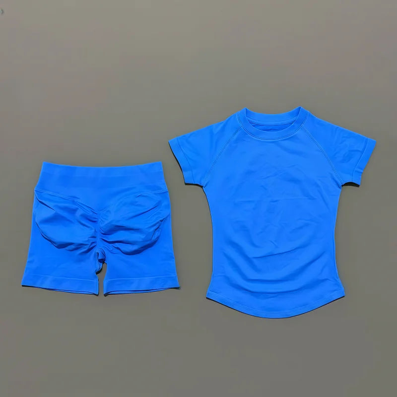 2 Pcs HISTELLO Impact Sports Sets Short Sleeve Seamless Yoga Top Fitness Set Women Workout Running Sports Shorts Gym Suit - ALMASTRONG