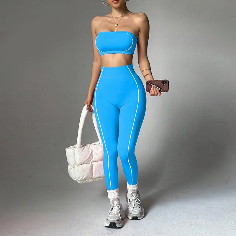 ALMASTRONG women's yoga wear set with color-blocking peach corset top and slim-fit long pants for fitness and activewear.