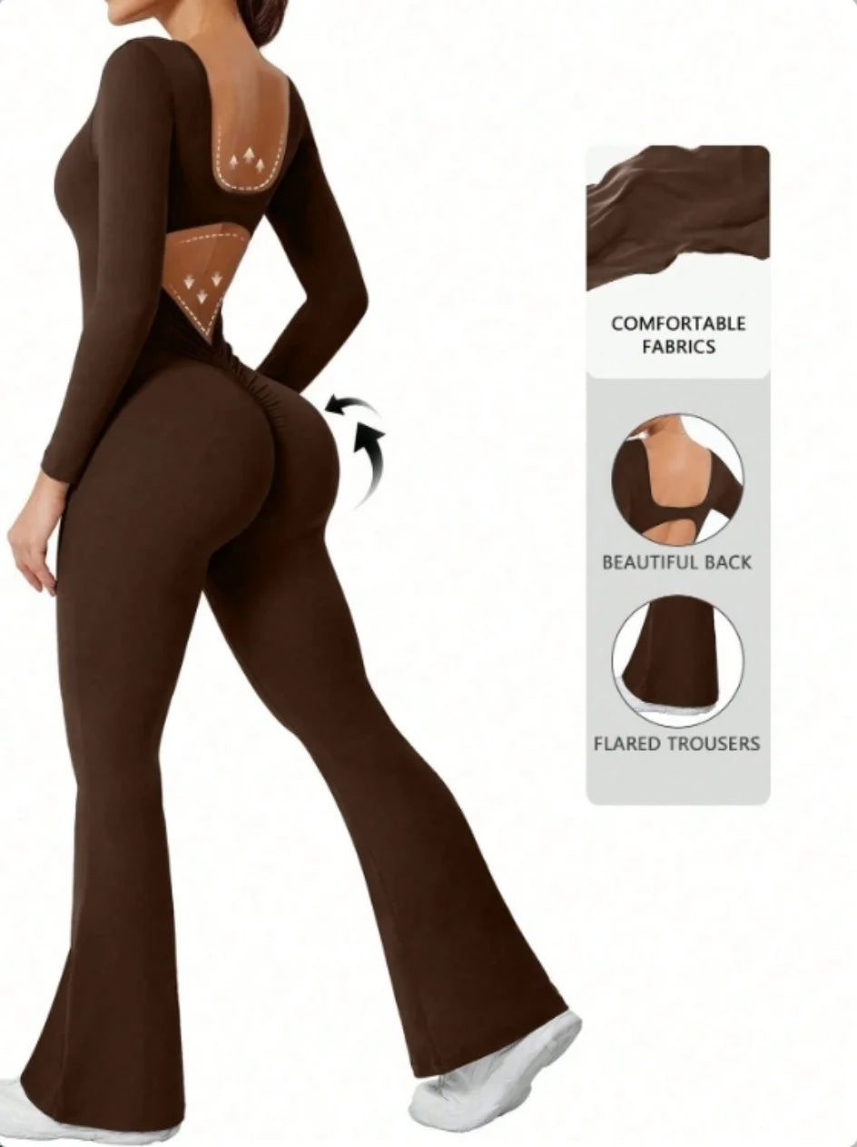 ALMASTRONG women's long-sleeved compression jumpsuit with bell bottom pants, perfect for yoga and athletic workouts.