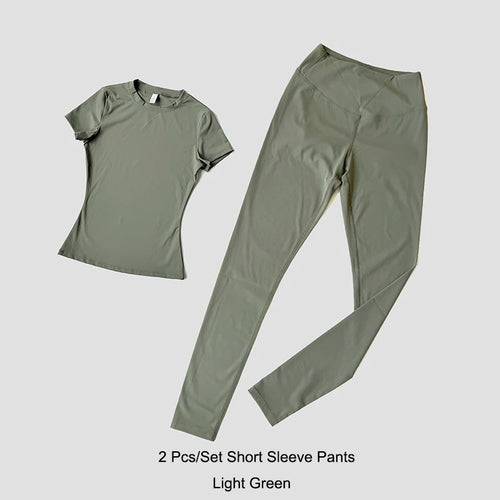 Quick-Drying Gym Leggings Set Sport Suit Short Sleeve Breathable
