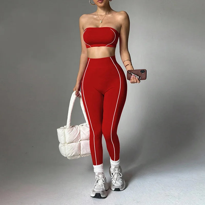 ALMASTRONG women's yoga wear set with color-blocking corset top and slim-fit peach long pants for fitness and activewear.